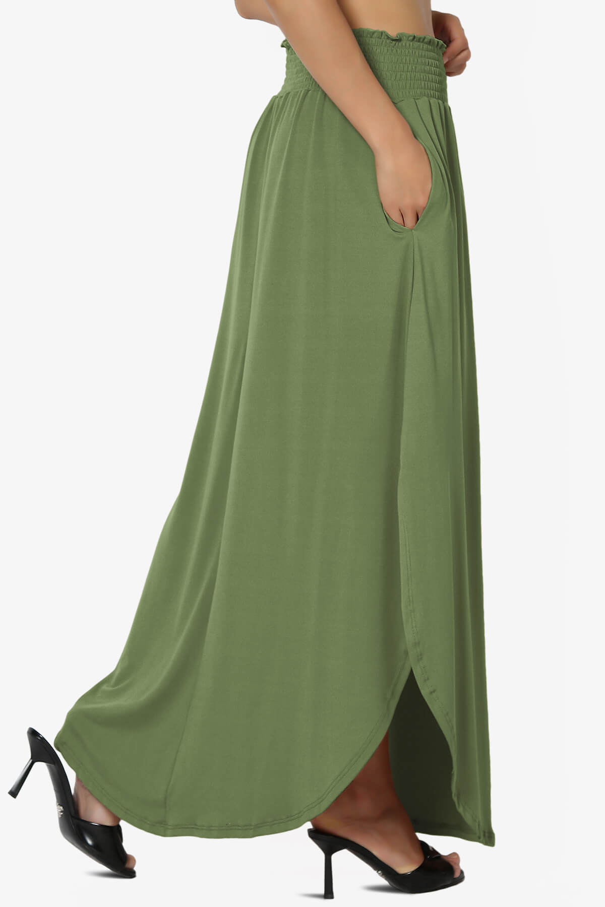 Alisah Smocked Waist Pocket Slit Maxi Skirt OLIVE_4