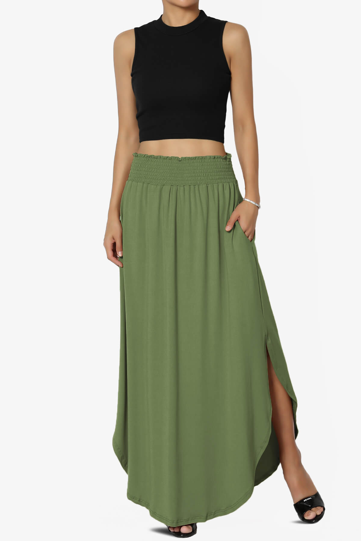 Alisah Smocked Waist Pocket Slit Maxi Skirt OLIVE_6