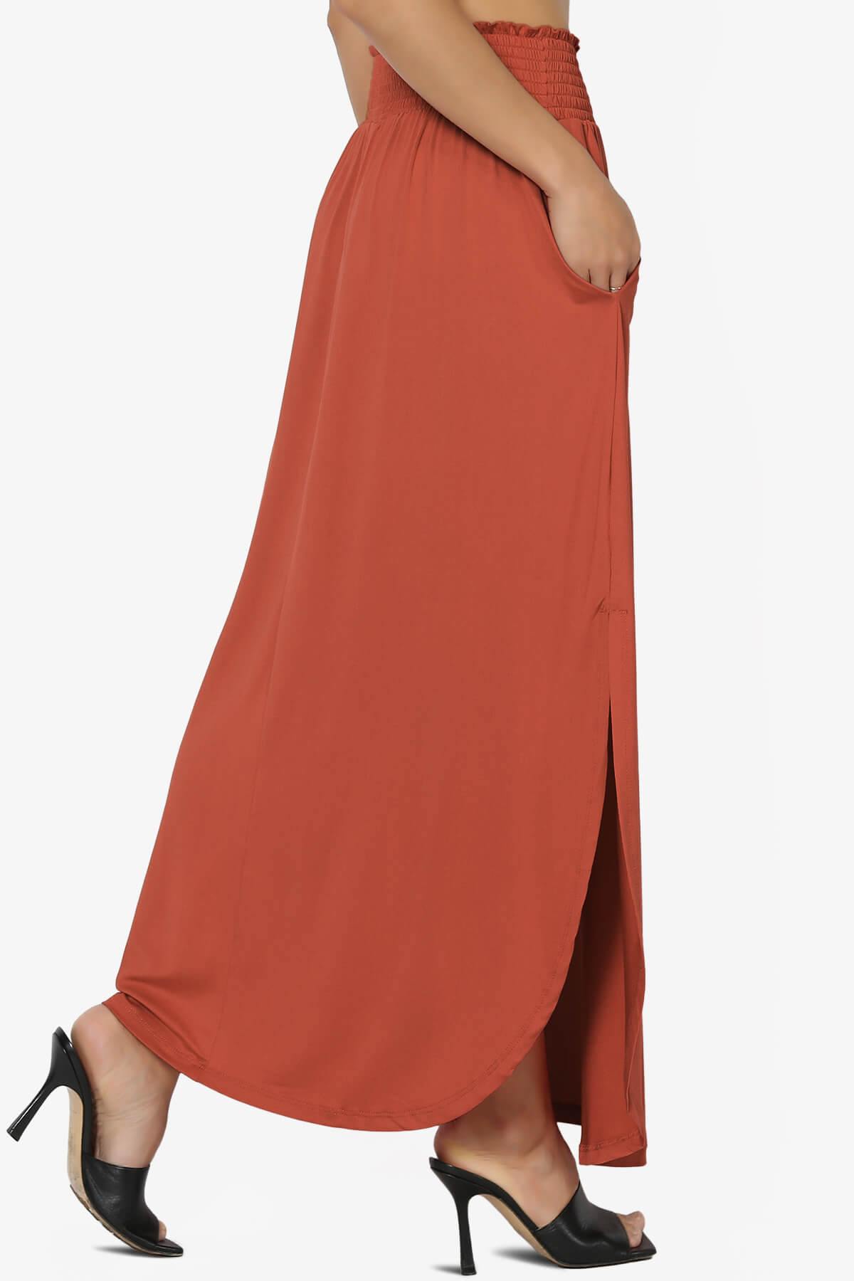 Alisah Smocked Waist Pocket Slit Maxi Skirt RUST_4