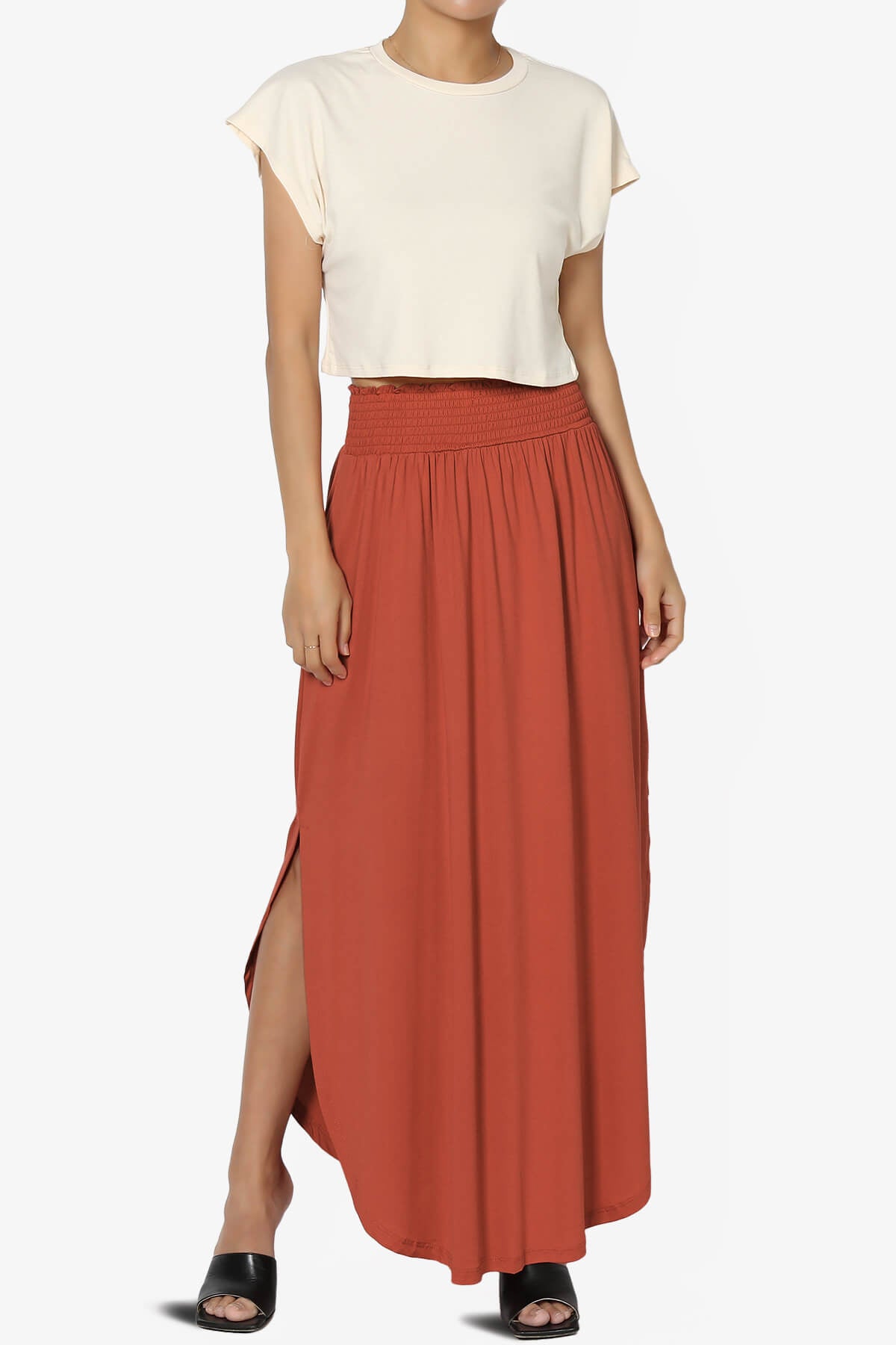 Alisah Smocked Waist Pocket Slit Maxi Skirt RUST_6
