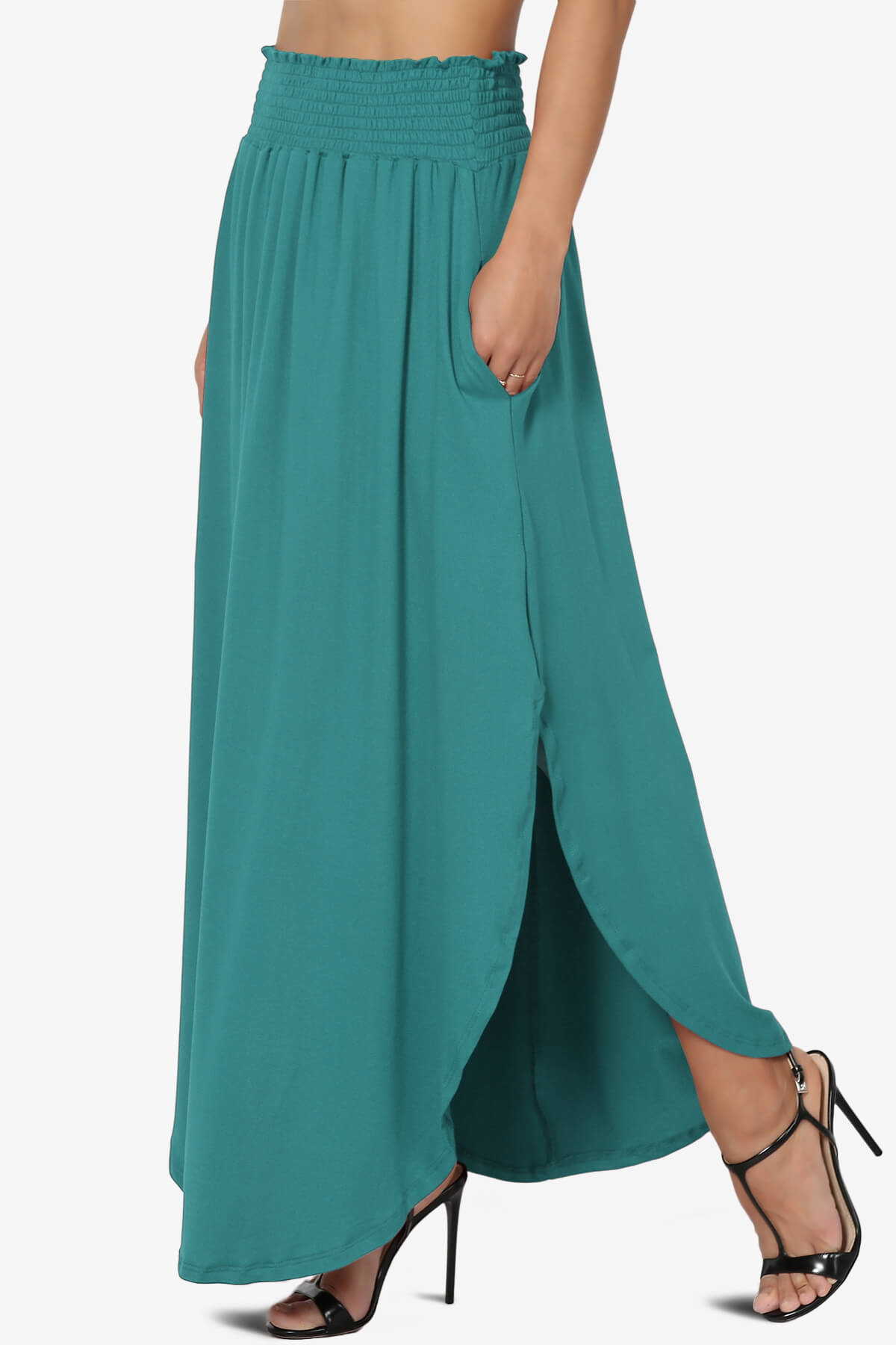 Alisah Smocked Waist Pocket Slit Maxi Skirt TEAL_3