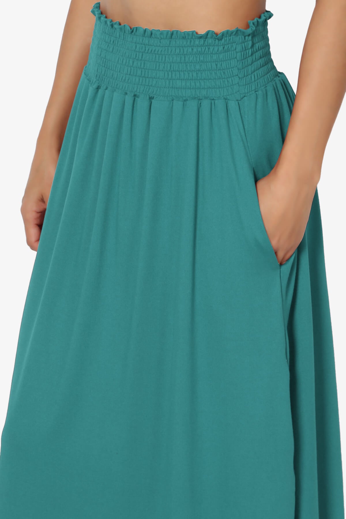 Alisah Smocked Waist Pocket Slit Maxi Skirt TEAL_5