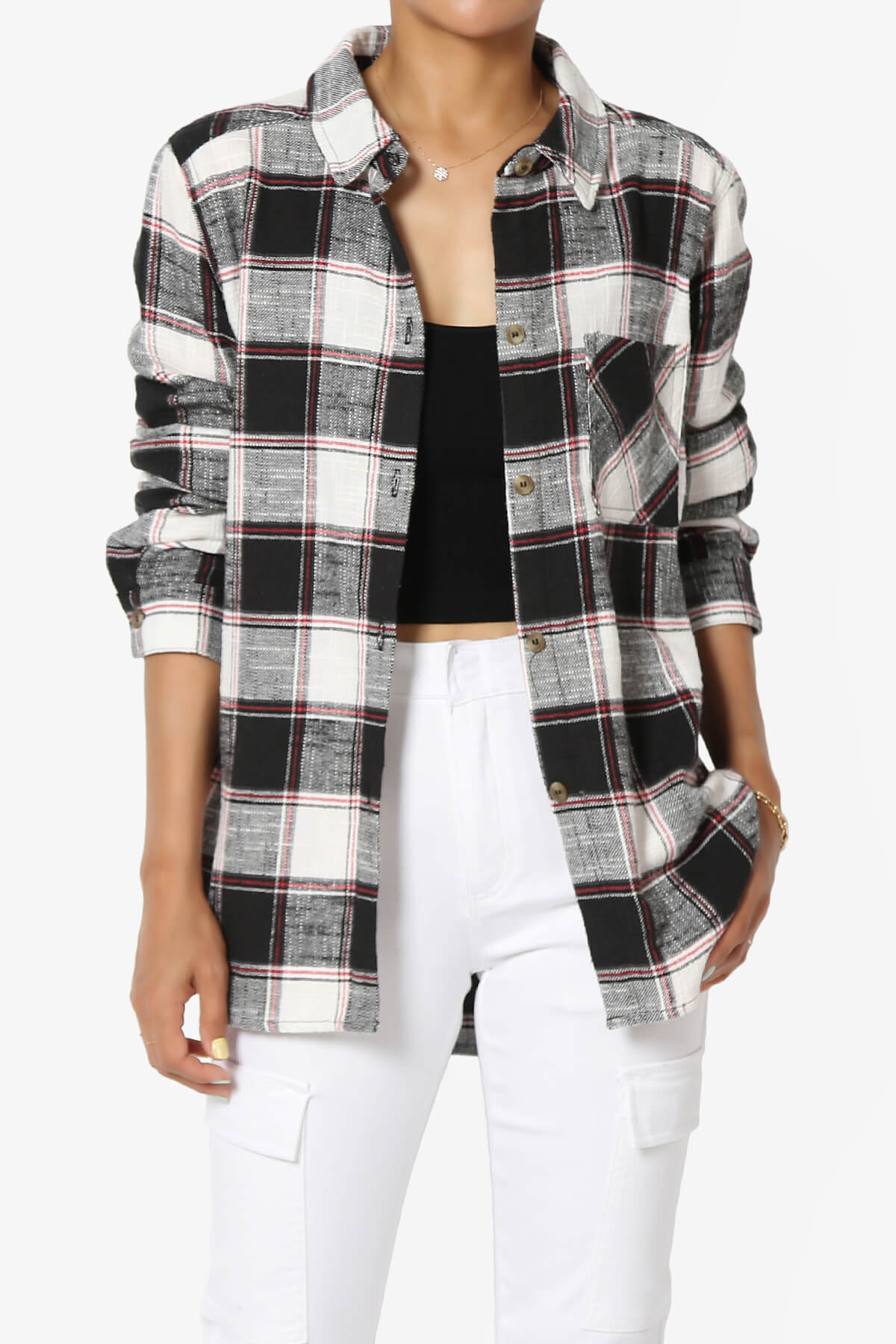 Allegra Plaid Flannel Button Down Shirt BLACK_1