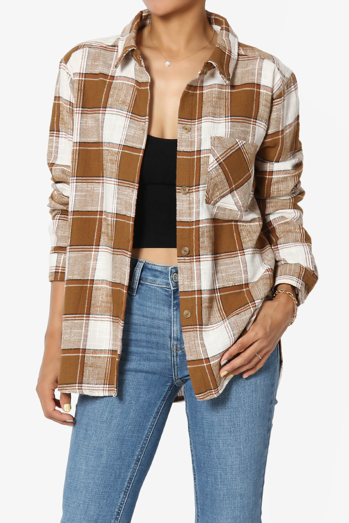 Allegra Plaid Flannel Button Down Shirt CAMEL_1