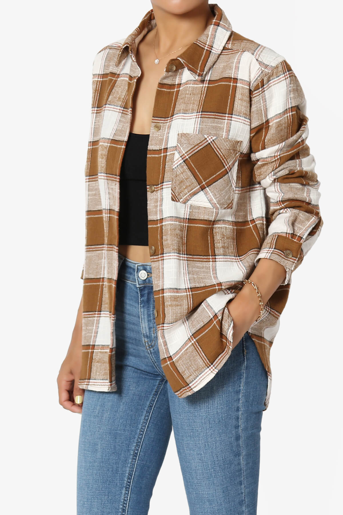 Allegra Plaid Flannel Button Down Shirt CAMEL_3