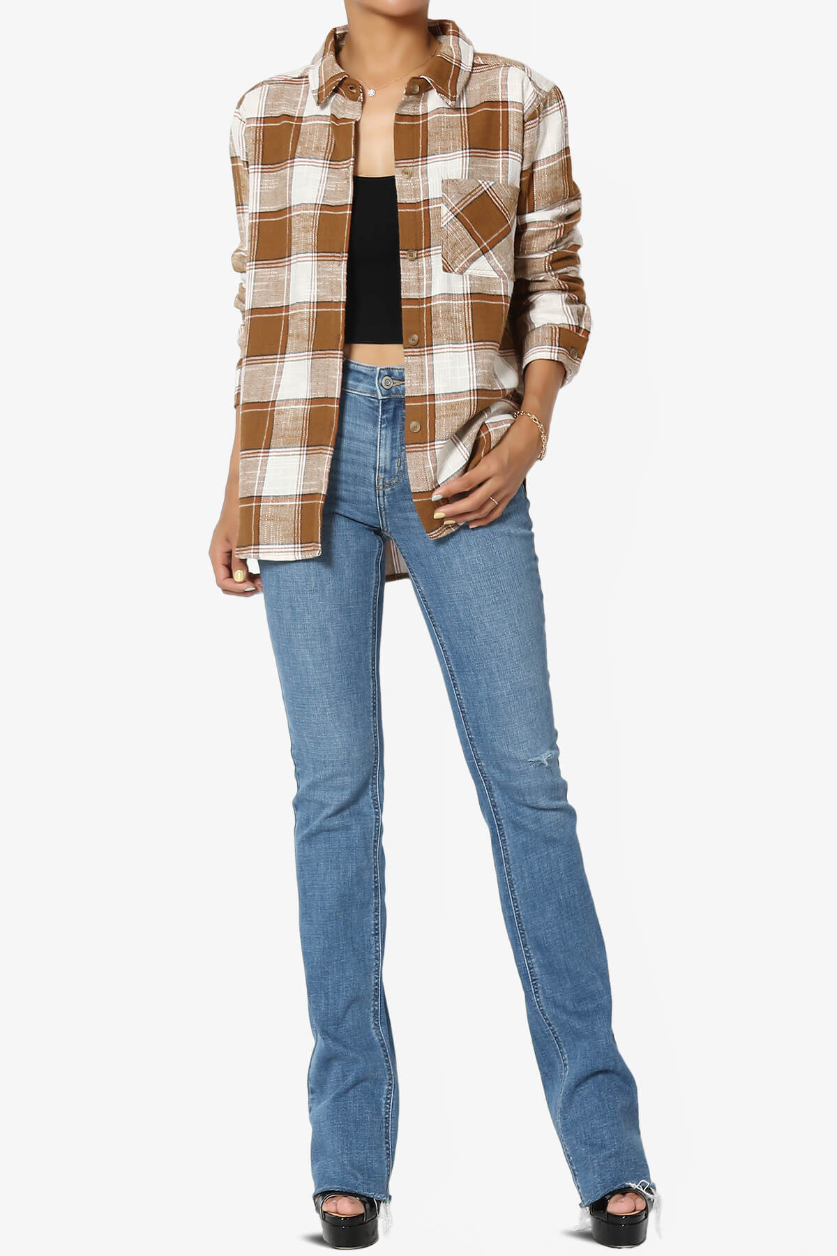 Allegra Plaid Flannel Button Down Shirt CAMEL_6