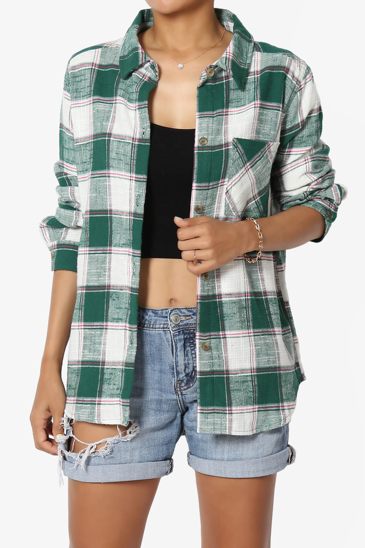 Allegra Plaid Flannel Button Down Shirt DARK GREEN_1