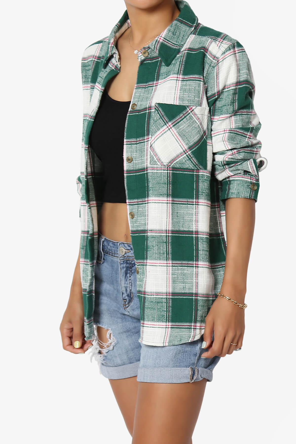 Allegra Plaid Flannel Button Down Shirt DARK GREEN_3