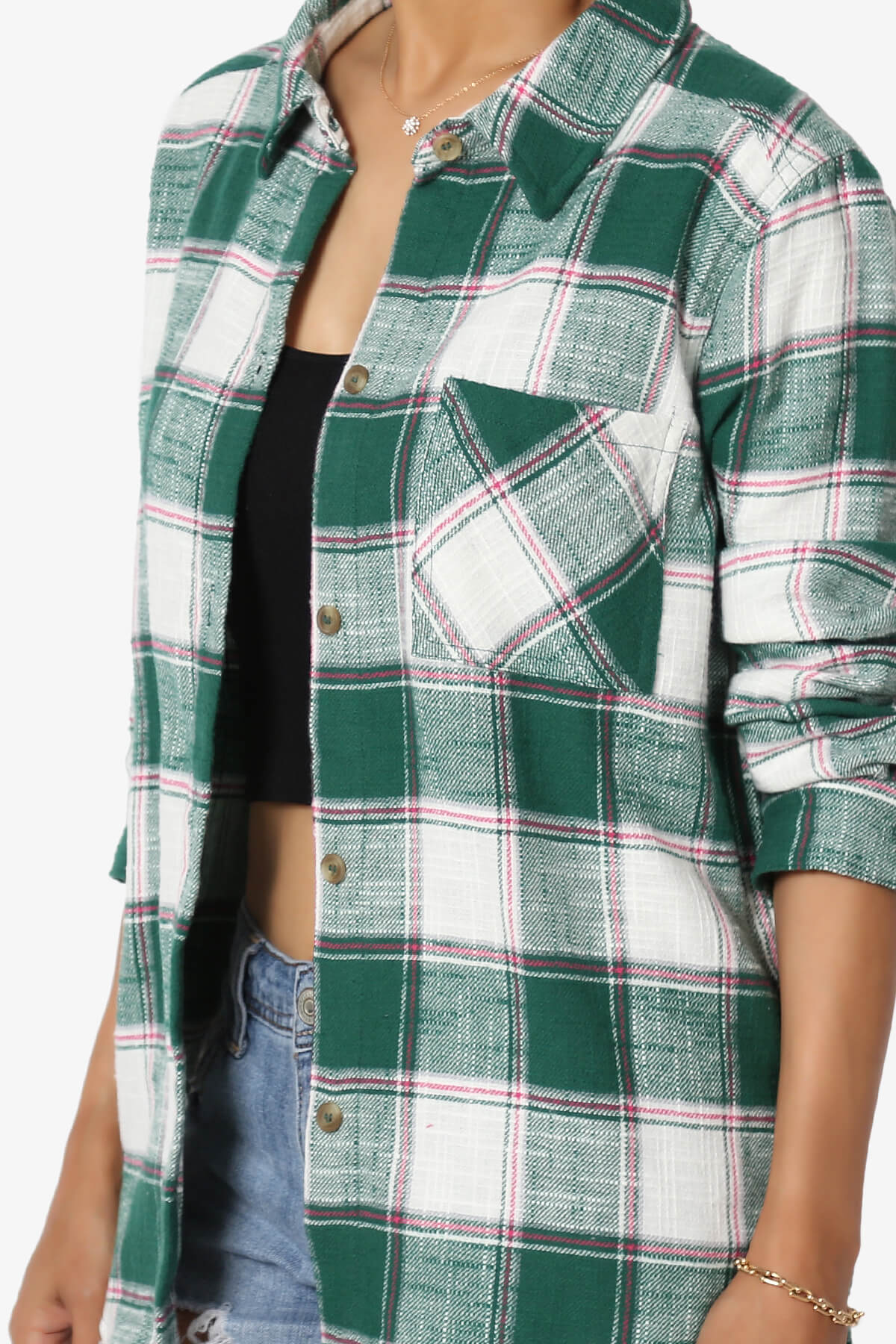 Allegra Plaid Flannel Button Down Shirt DARK GREEN_5