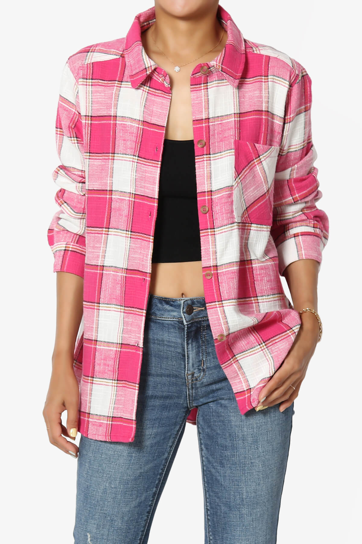 Allegra Plaid Flannel Button Down Shirt FUCHSIA_1