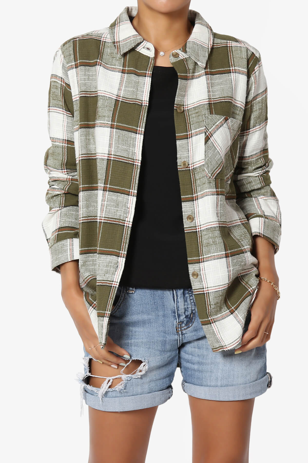 Allegra Plaid Flannel Button Down Shirt OLIVE_1