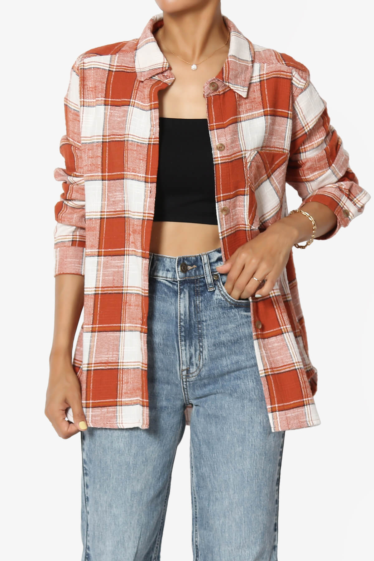 Allegra Plaid Flannel Button Down Shirt RUST_1