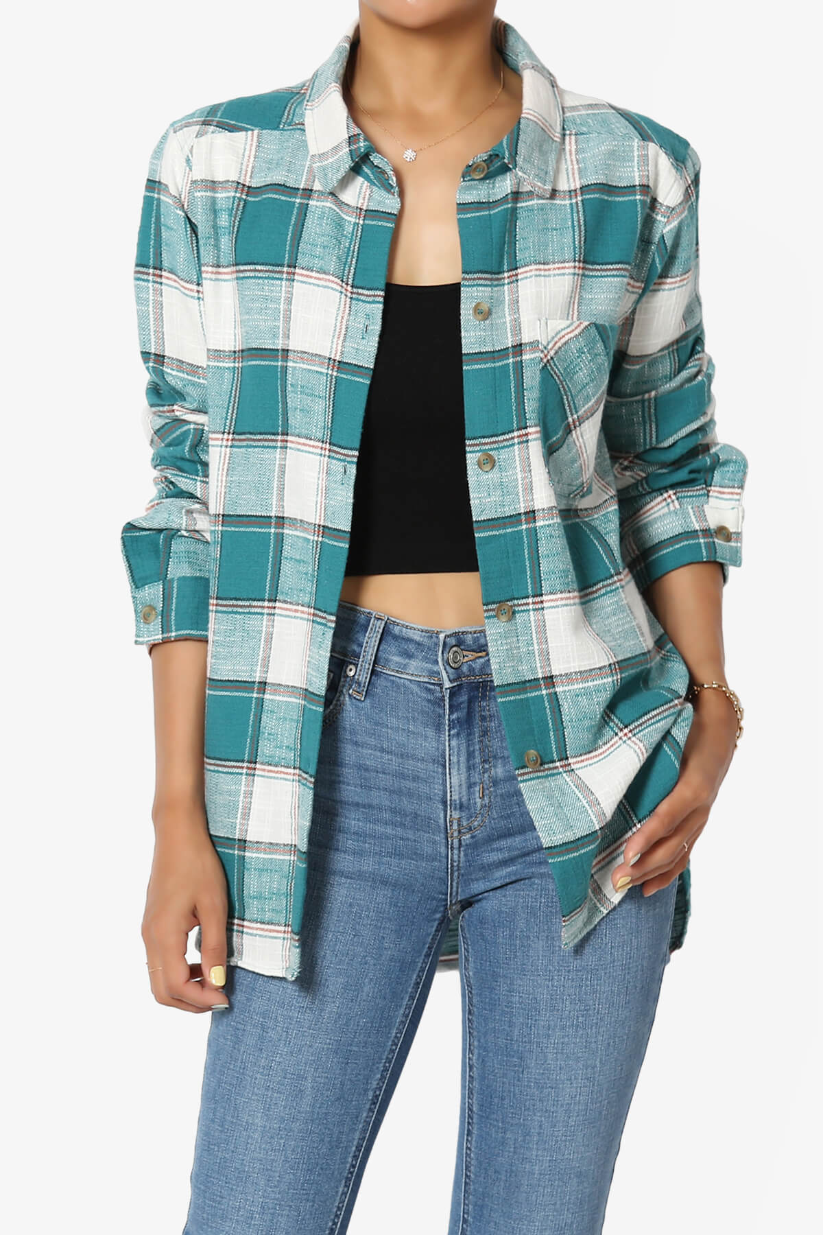Allegra Plaid Flannel Button Down Shirt TEAL_1