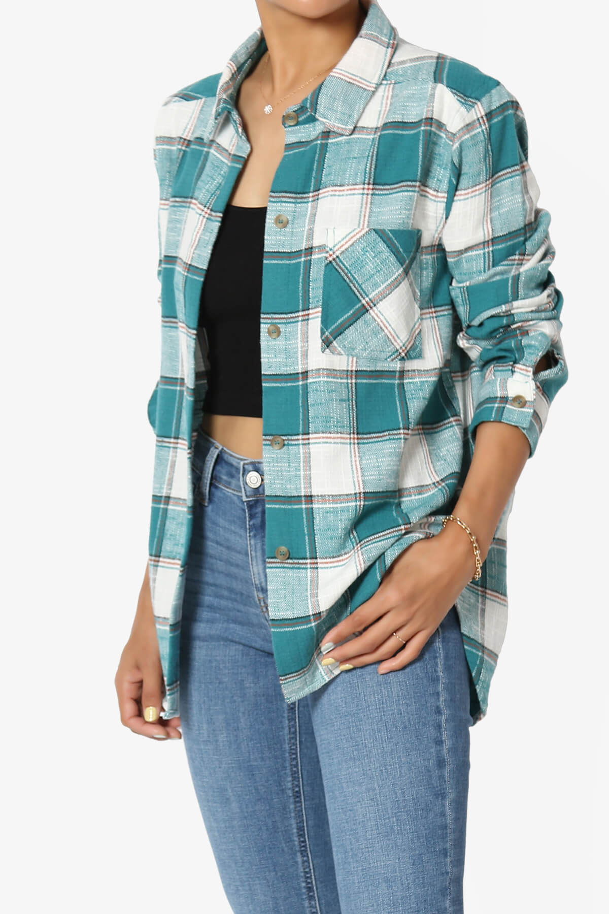Allegra Plaid Flannel Button Down Shirt TEAL_3