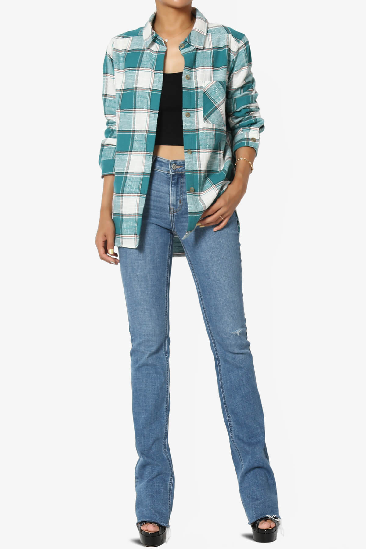 Allegra Plaid Flannel Button Down Shirt TEAL_6