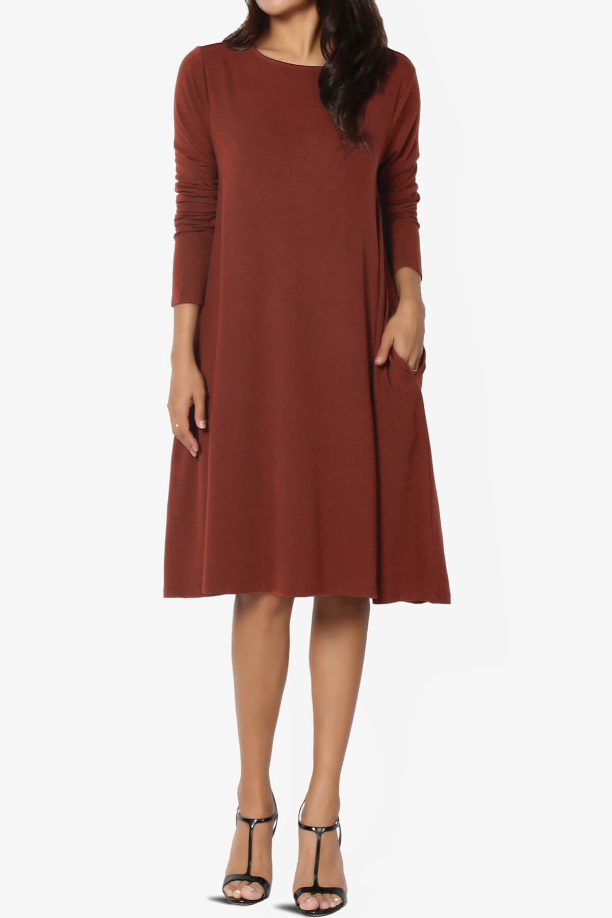Allie Long Sleeve Jersey A-Line Dress DARK RUST_6