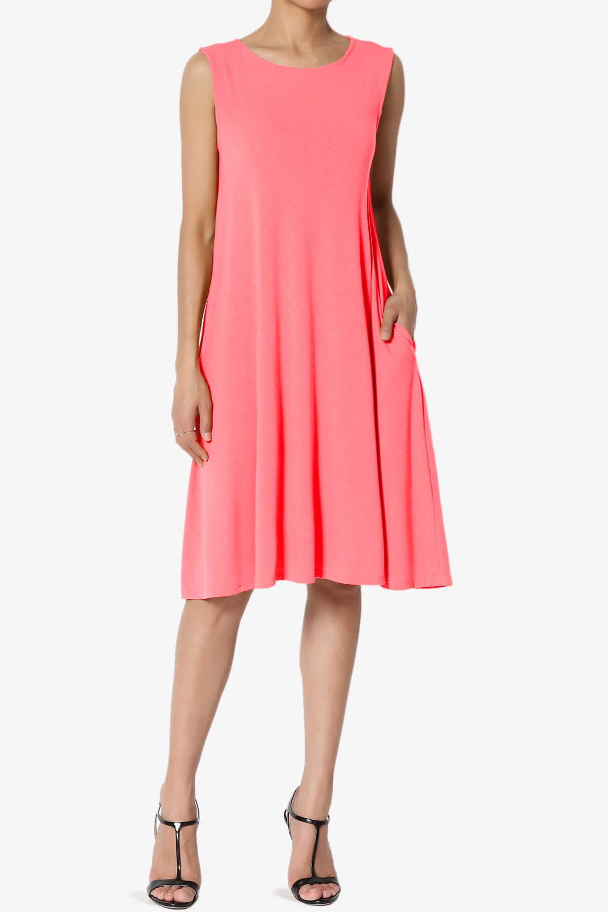 Allie Sleeveless Jersey A-Line Dress NEON CORAL PINK_1