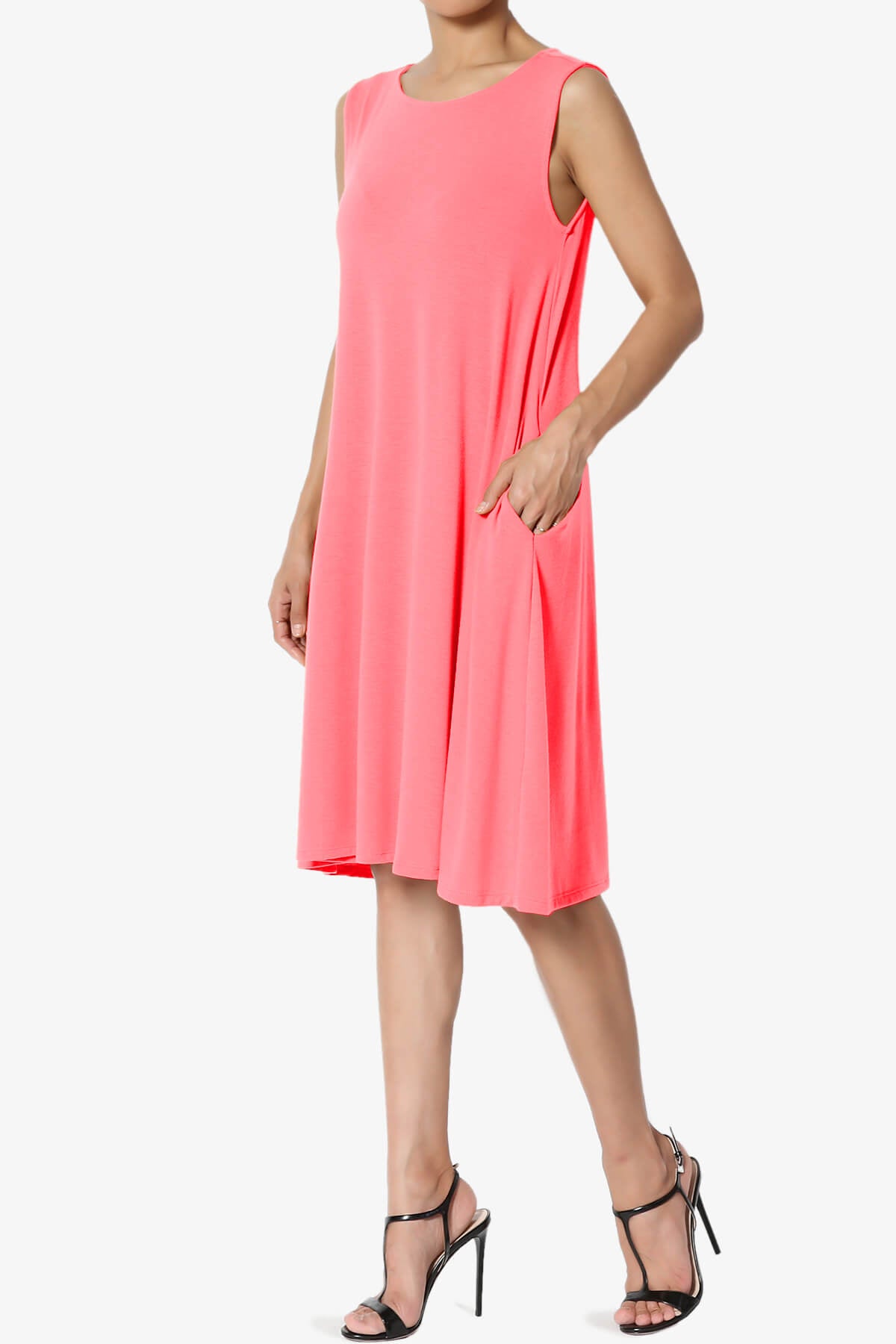 Allie Sleeveless Jersey A-Line Dress NEON CORAL PINK_3
