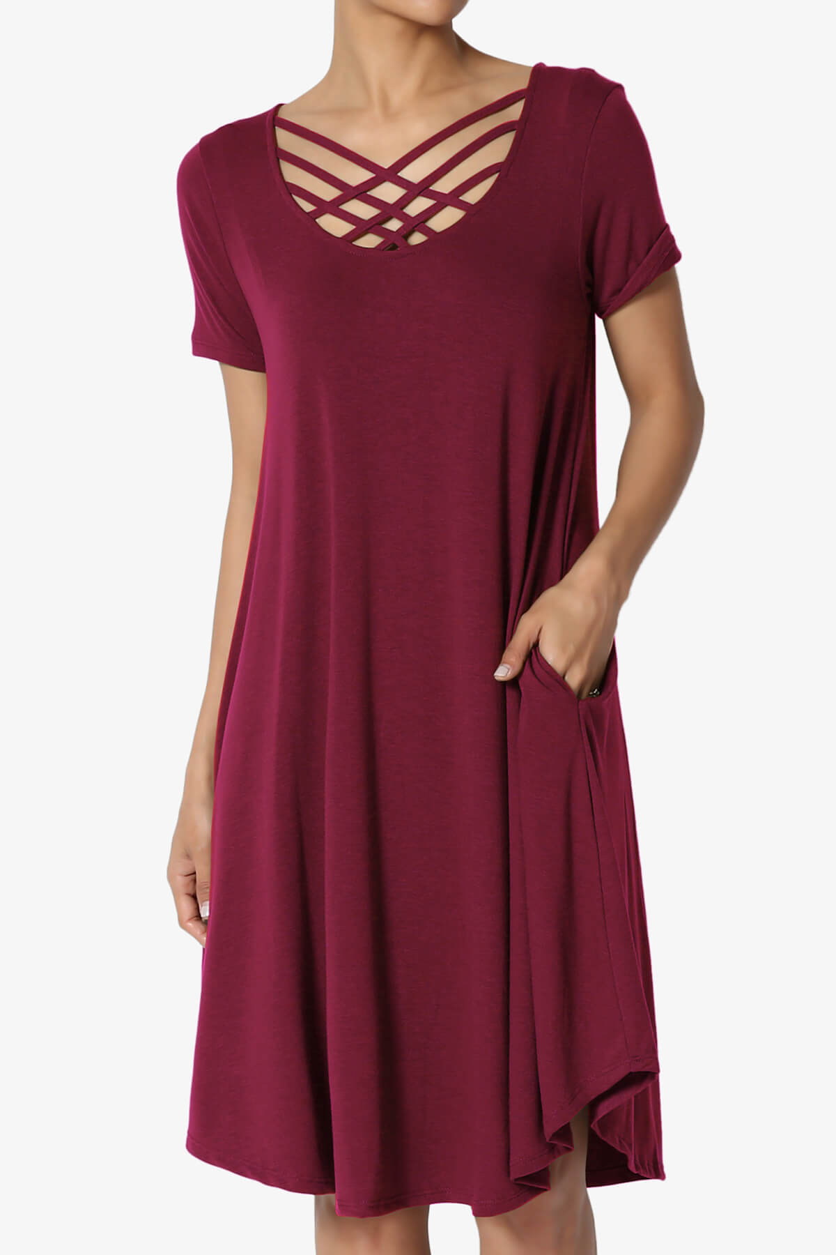 Amella Strappy Scoop Neck Pocket Dress WINE_1