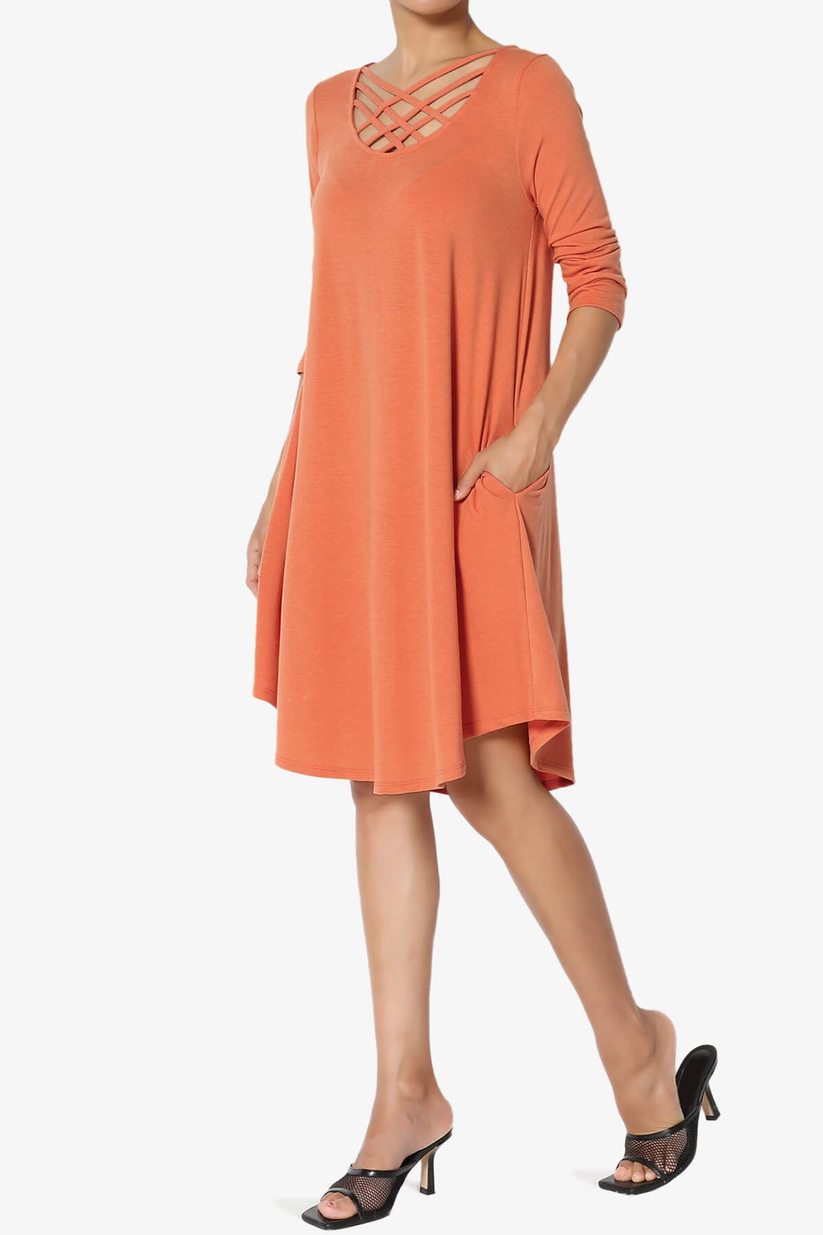 Ariella 3/4 Sleeve Strappy Scoop Neck Dress ASH COPPER_3