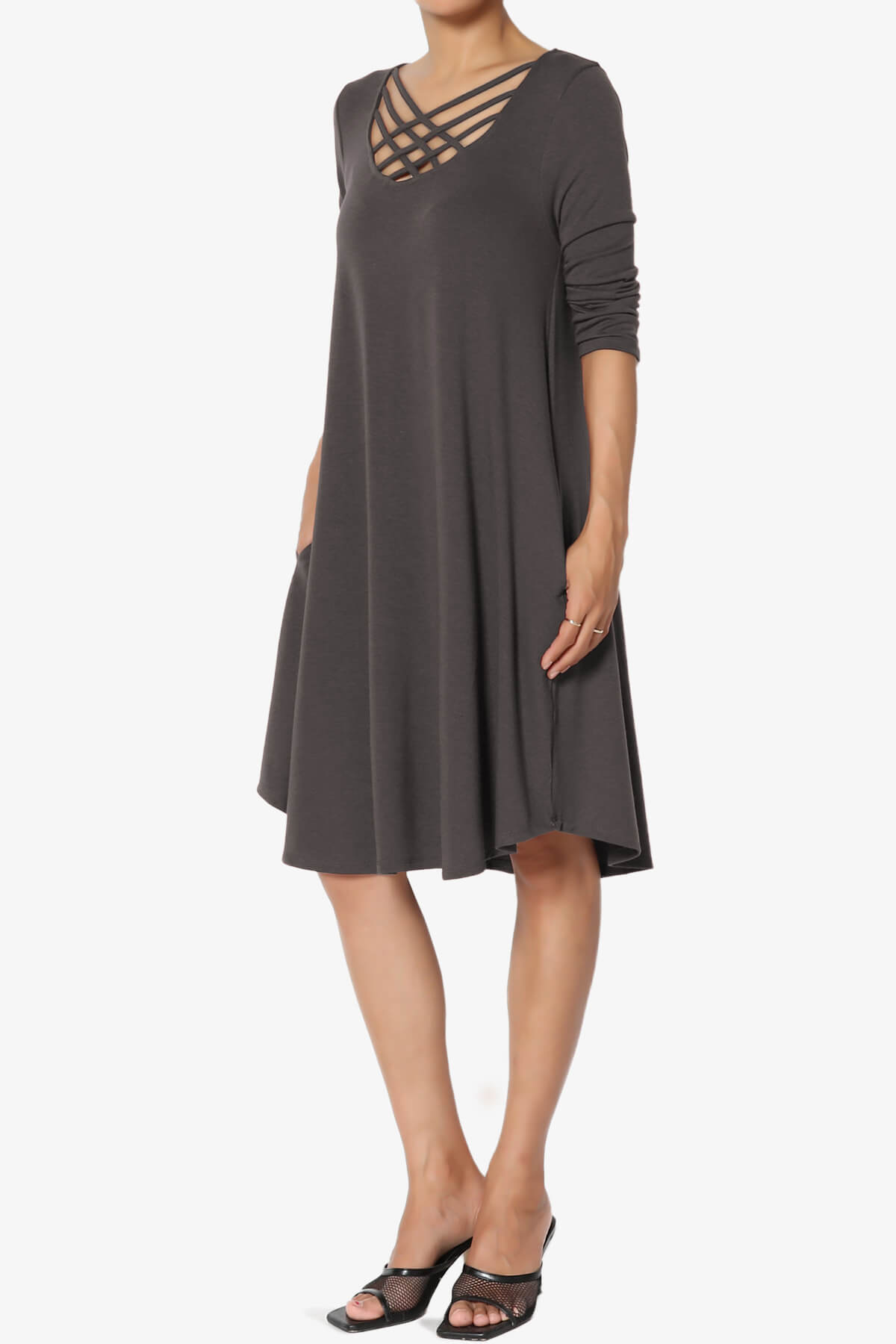Ariella 3/4 Sleeve Strappy Scoop Neck Dress ASH GREY_3
