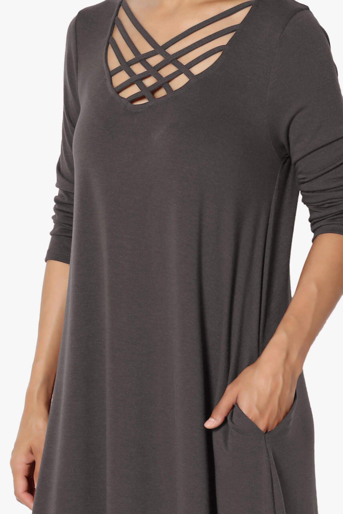 Ariella 3/4 Sleeve Strappy Scoop Neck Dress ASH GREY_5