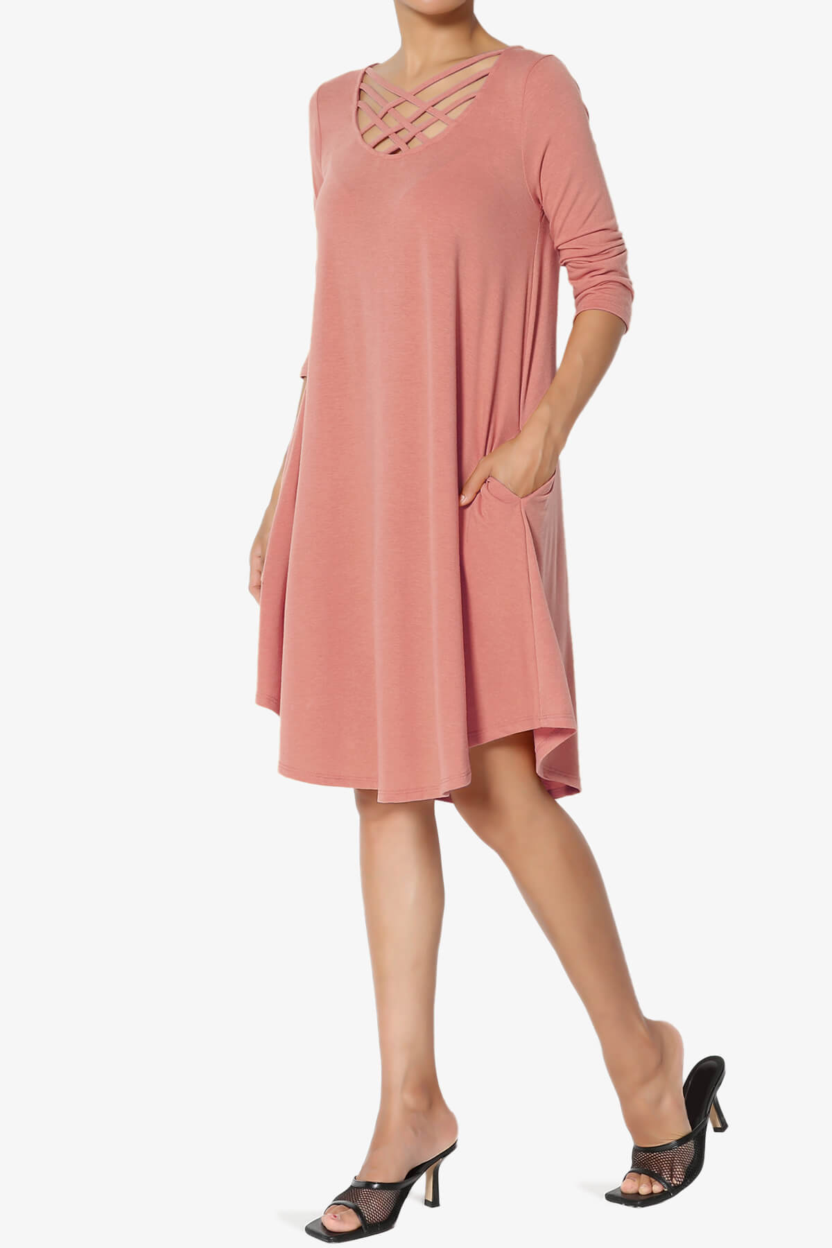 Ariella 3/4 Sleeve Strappy Scoop Neck Dress ASH ROSE_3