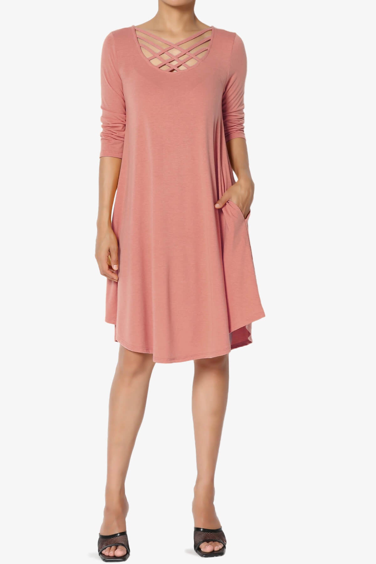 Ariella 3/4 Sleeve Strappy Scoop Neck Dress ASH ROSE_6