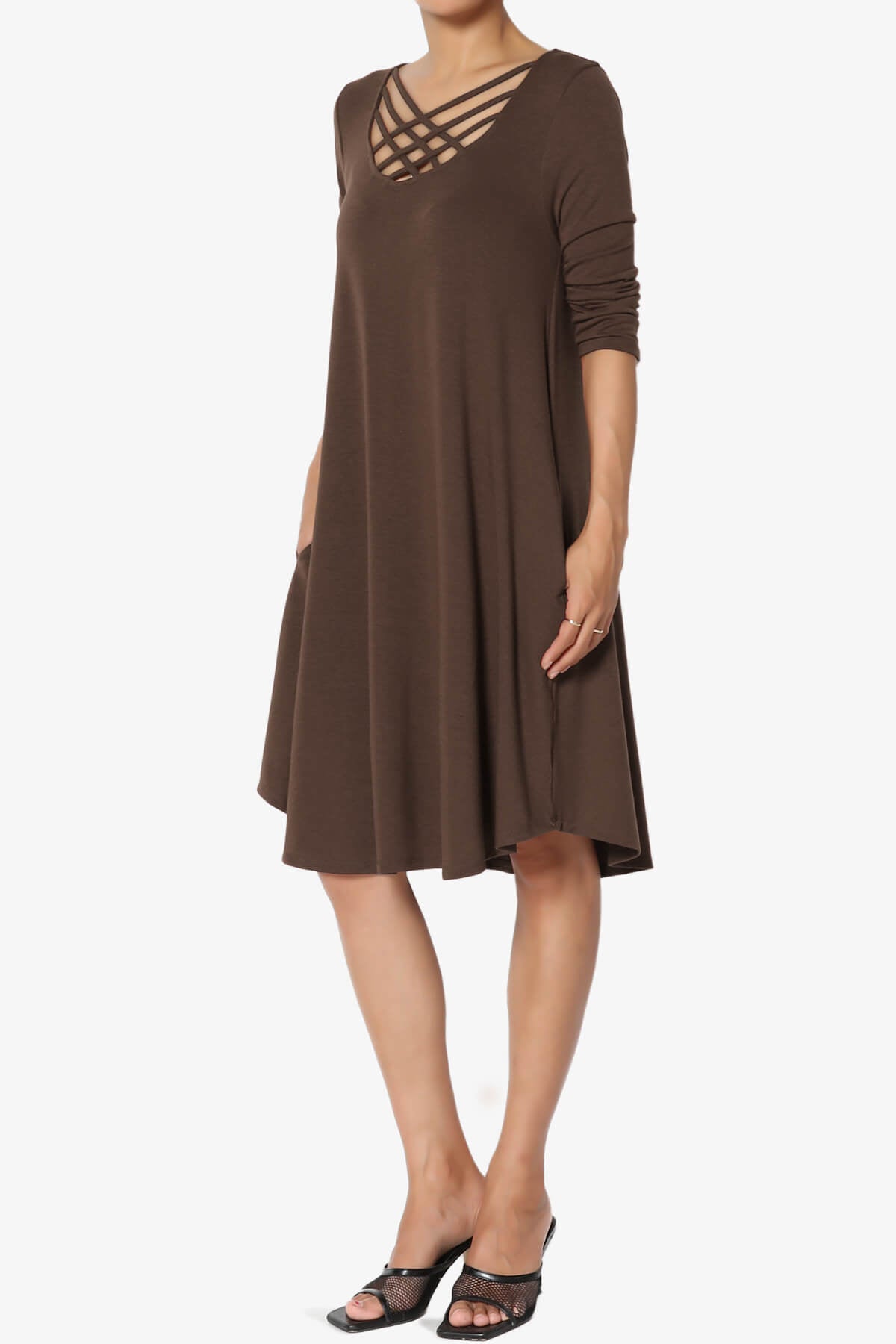 Ariella 3/4 Sleeve Strappy Scoop Neck Dress BROWN_3