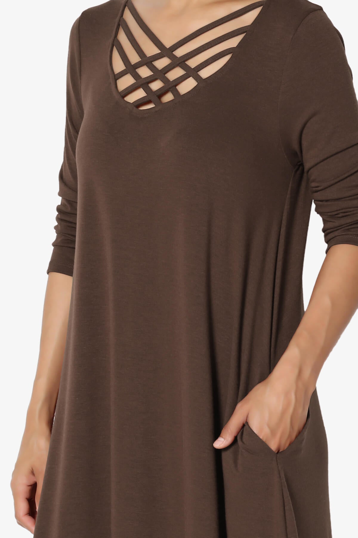 Ariella 3/4 Sleeve Strappy Scoop Neck Dress BROWN_5