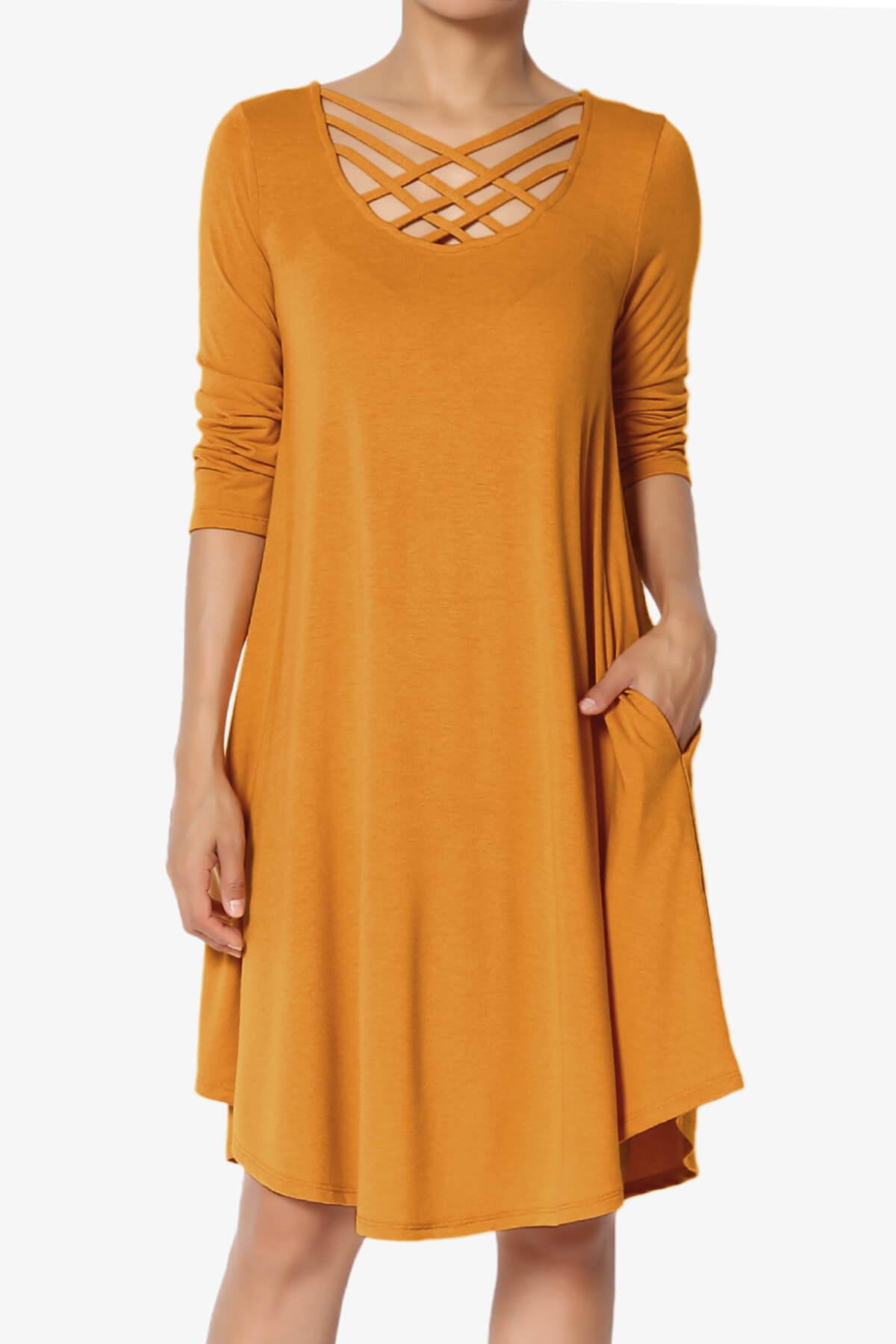 Ariella 3/4 Sleeve Strappy Scoop Neck Dress D. MUSTARD_1