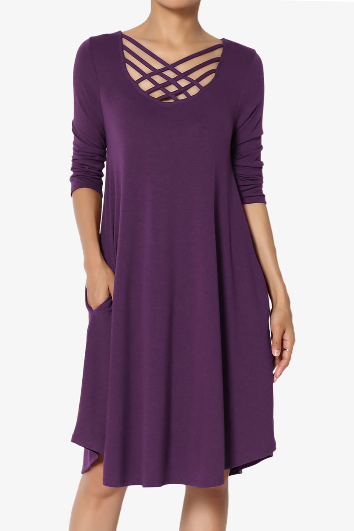 Ariella 3/4 Sleeve Strappy Scoop Neck Dress DARK PURPLE_1