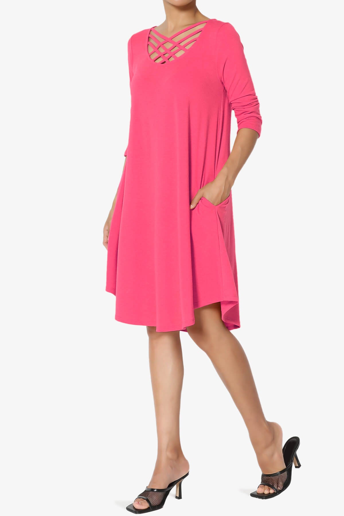 Ariella 3/4 Sleeve Strappy Scoop Neck Dress FUCHSIA_3