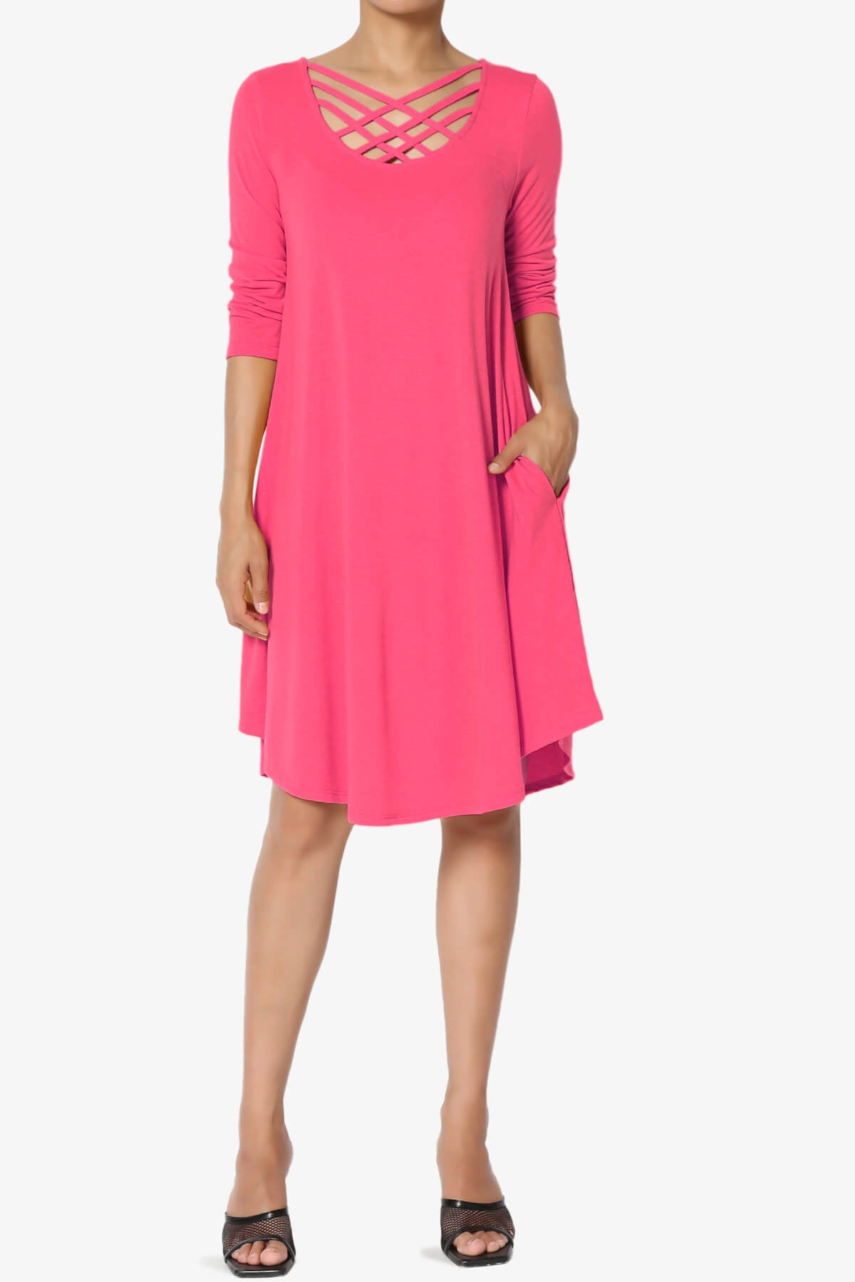 Ariella 3/4 Sleeve Strappy Scoop Neck Dress FUCHSIA_6