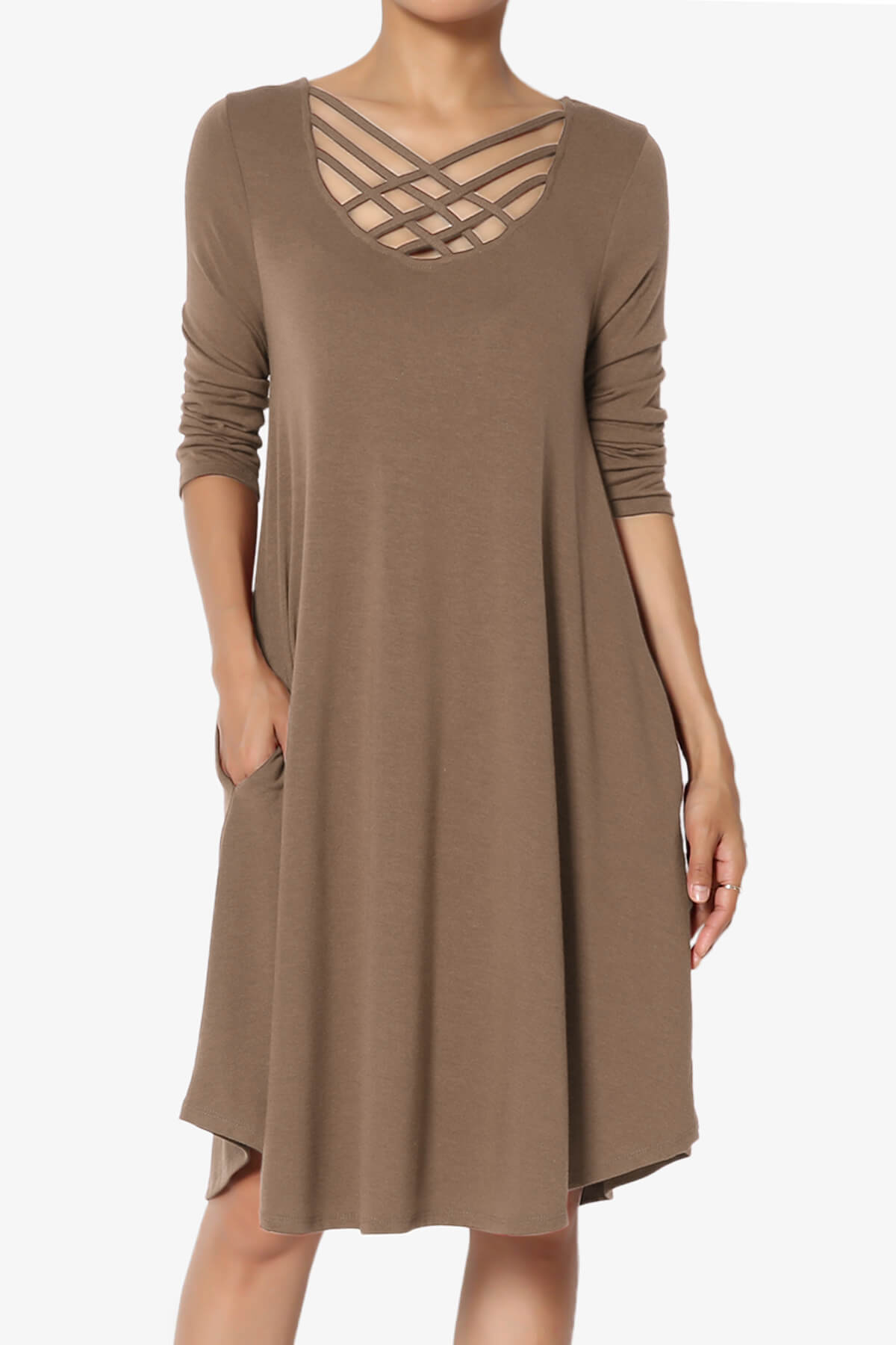 Ariella 3/4 Sleeve Strappy Scoop Neck Dress MOCHA_1