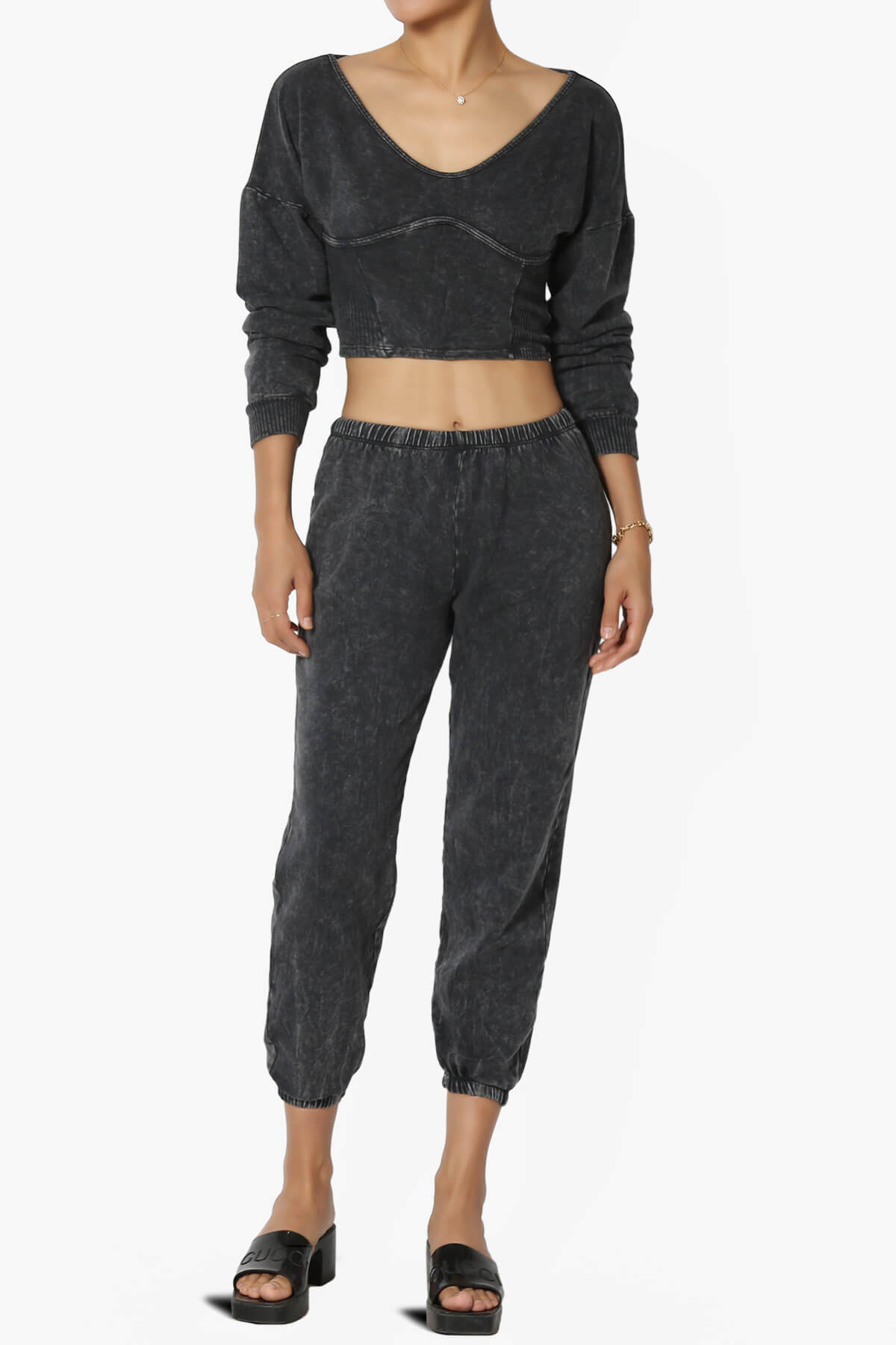 Ashlin Mineral Wash Crop Top & Jogger Pants SET BLACK_1