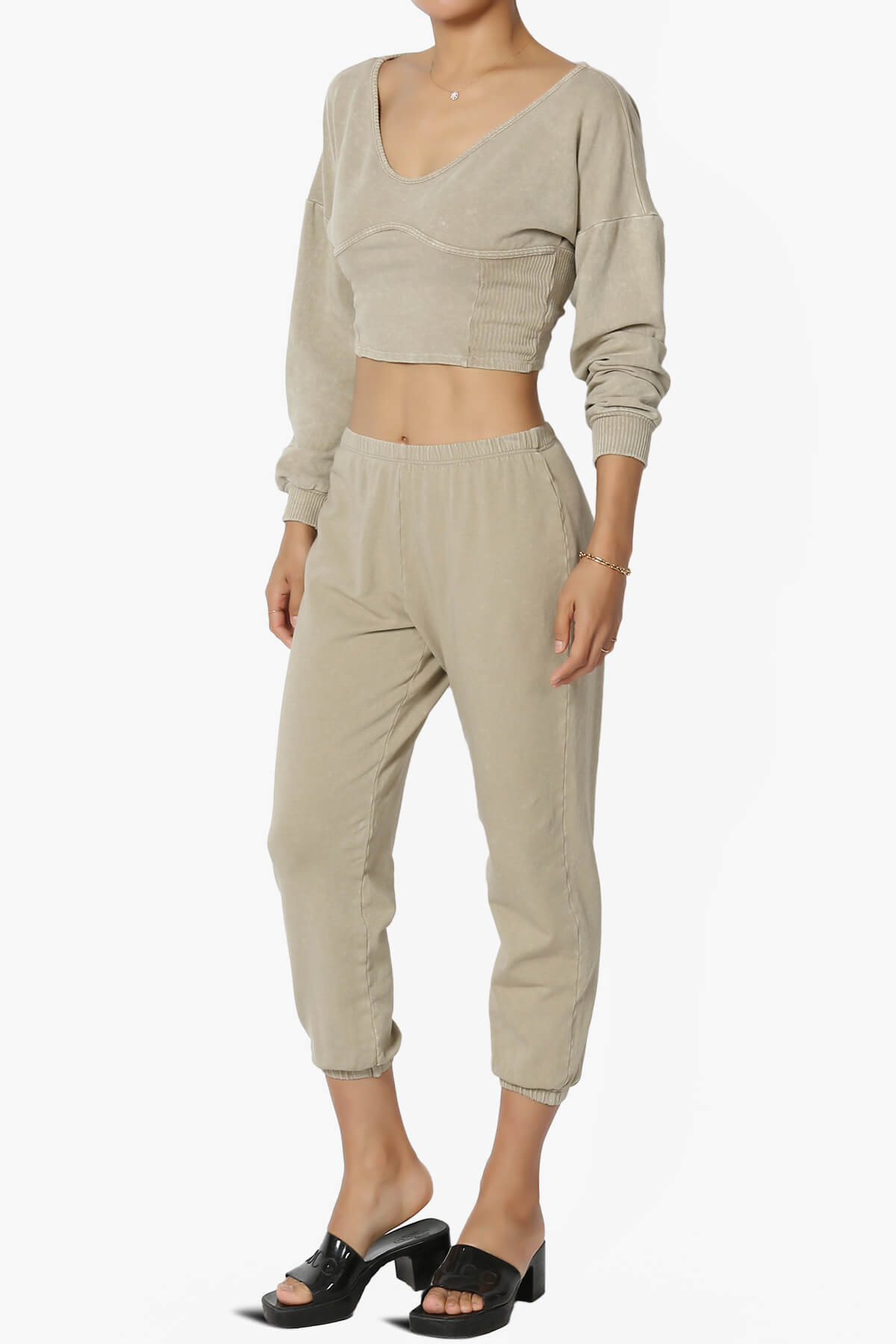 Ashlin Mineral Wash Crop Top & Jogger Pants SET KHAKI_3