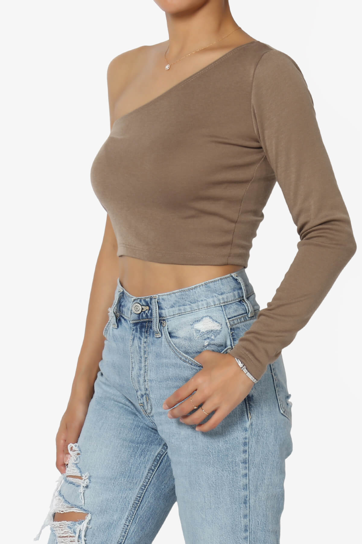 Azariah One Shoulder Long Sleeve Crop T-Shirt KHAKI_3