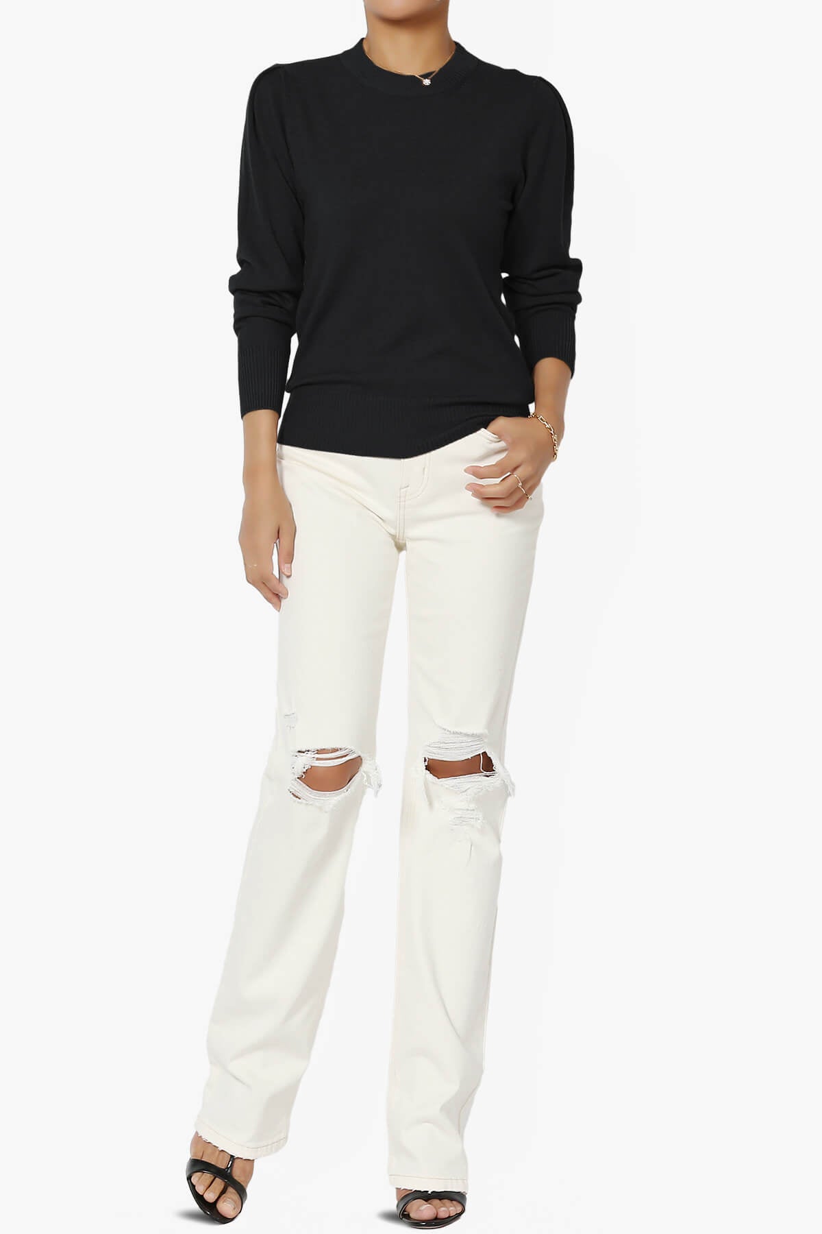 Bcarina Pleated Shoulder Crew Neck Sweater BLACK_6