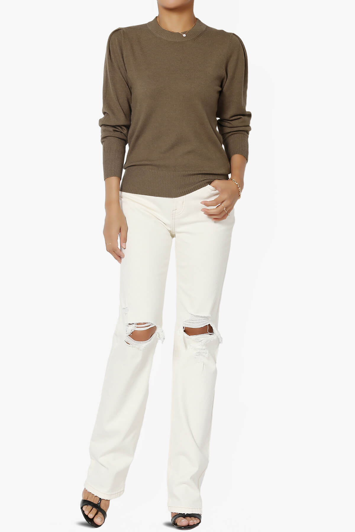 Bcarina Pleated Shoulder Crew Neck Sweater MOCHA_6