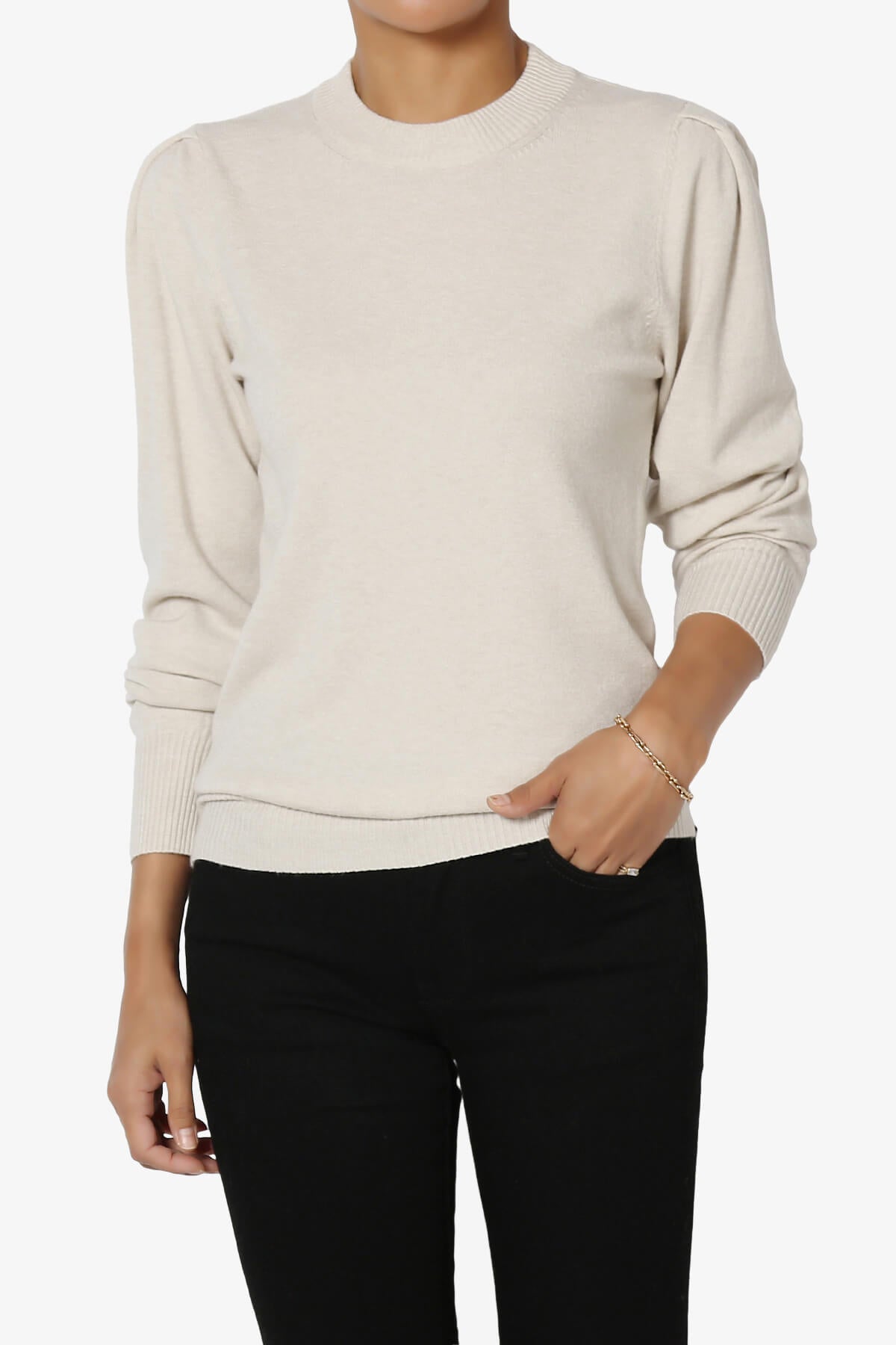 Bcarina Pleated Shoulder Crew Neck Sweater SAND BEIGE_1