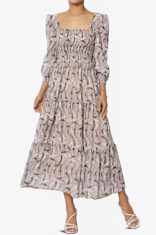 Beki Square Neck Chiffon Flared Midi Dress