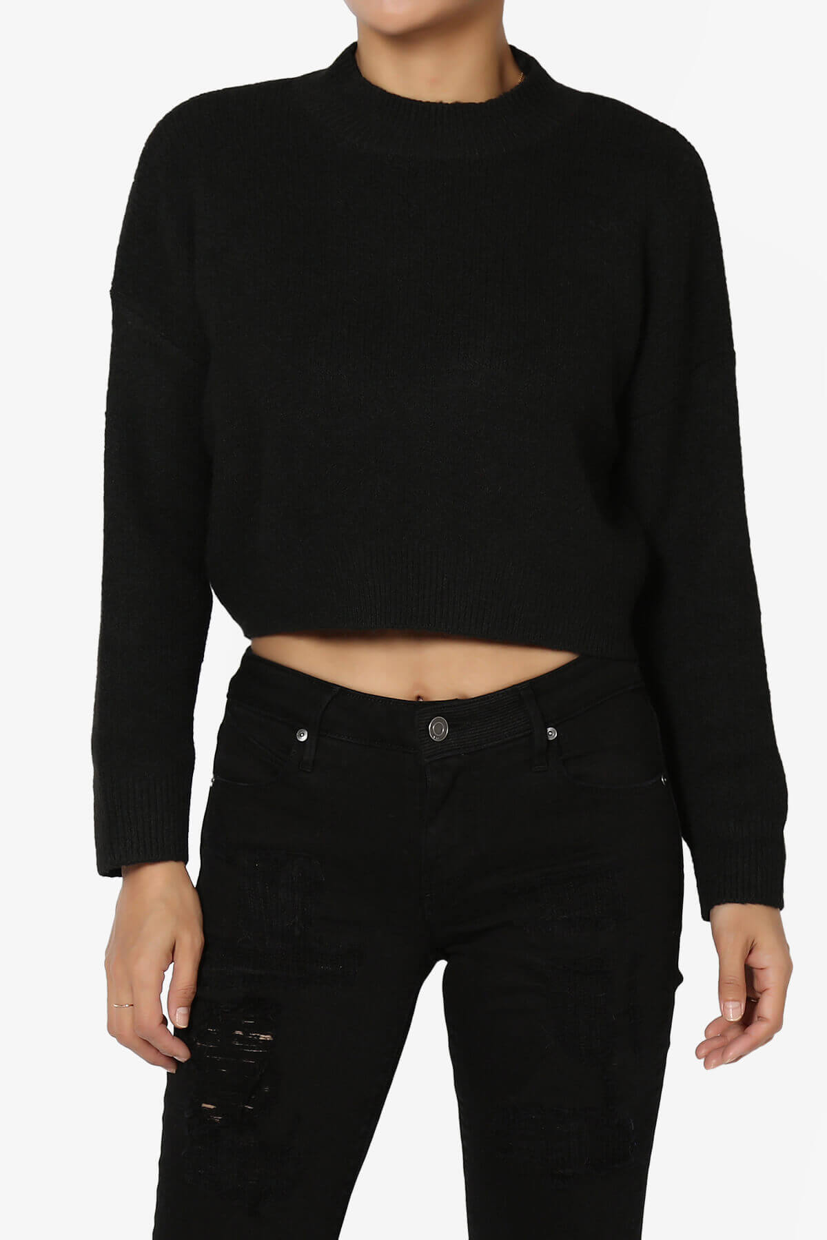 Bigmona Long Sleeve Crop Knit Sweater BLACK_1