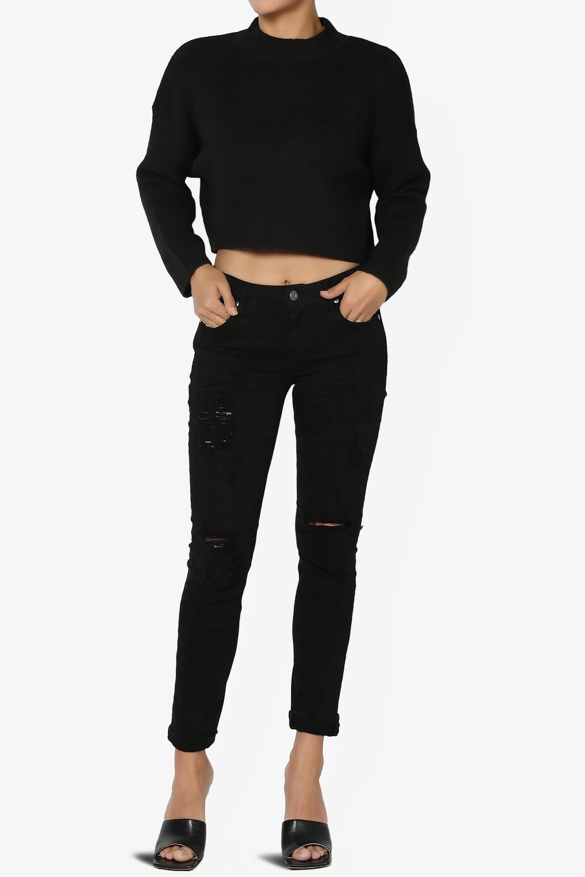 Bigmona Long Sleeve Crop Knit Sweater BLACK_6