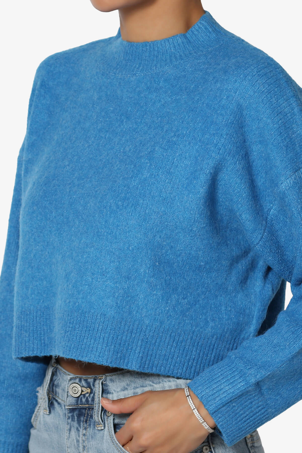 Bigmona Long Sleeve Crop Knit Sweater BLUE_5