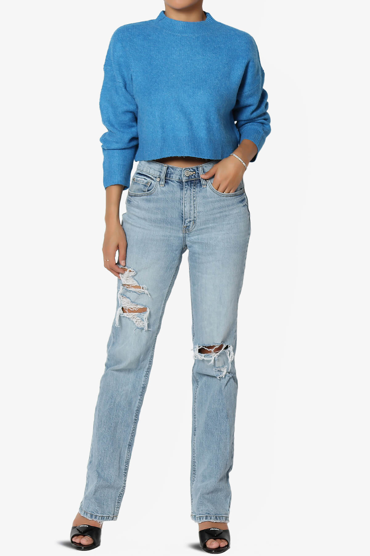 Bigmona Long Sleeve Crop Knit Sweater BLUE_6