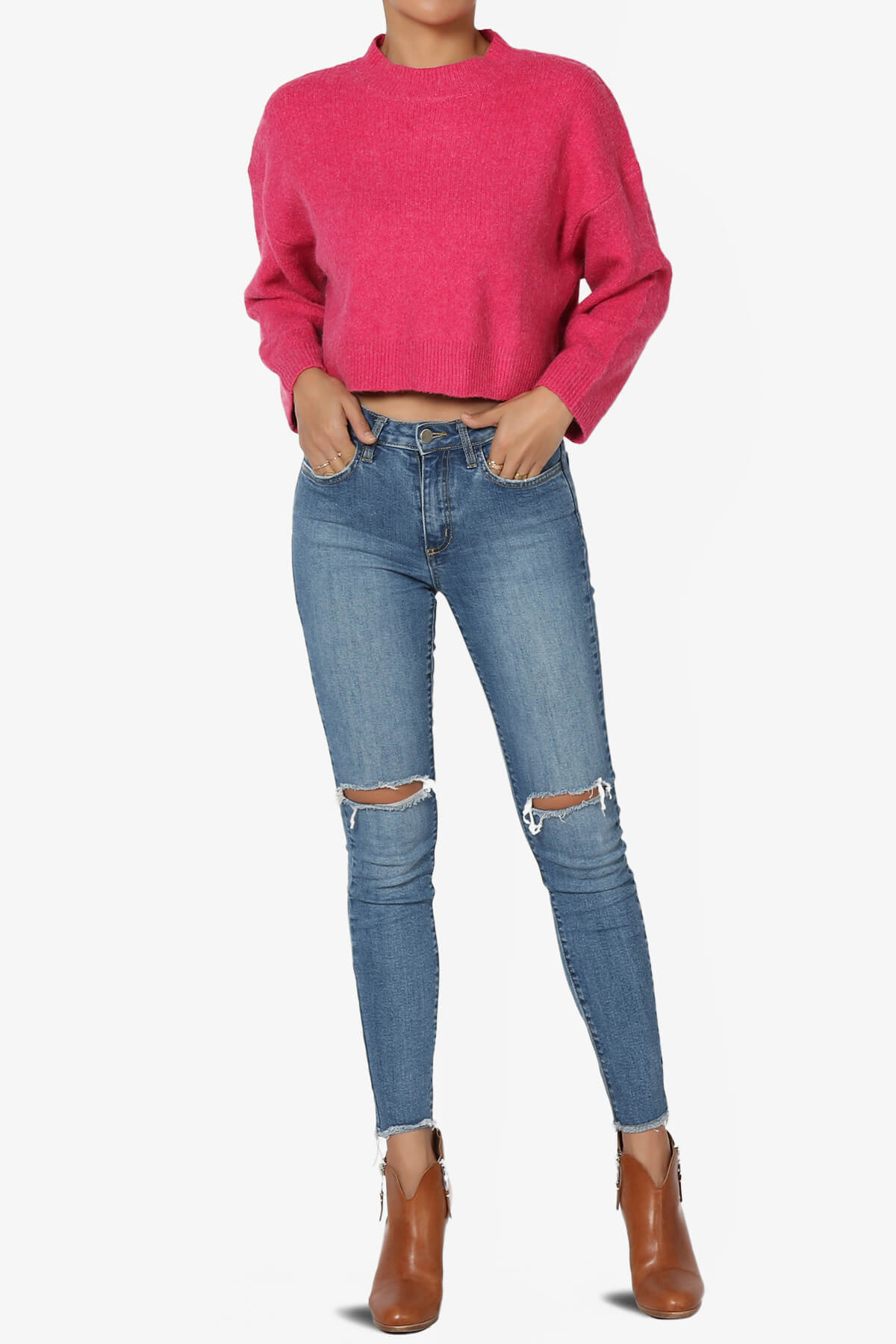 Bigmona Long Sleeve Crop Knit Sweater FUCHSIA_6