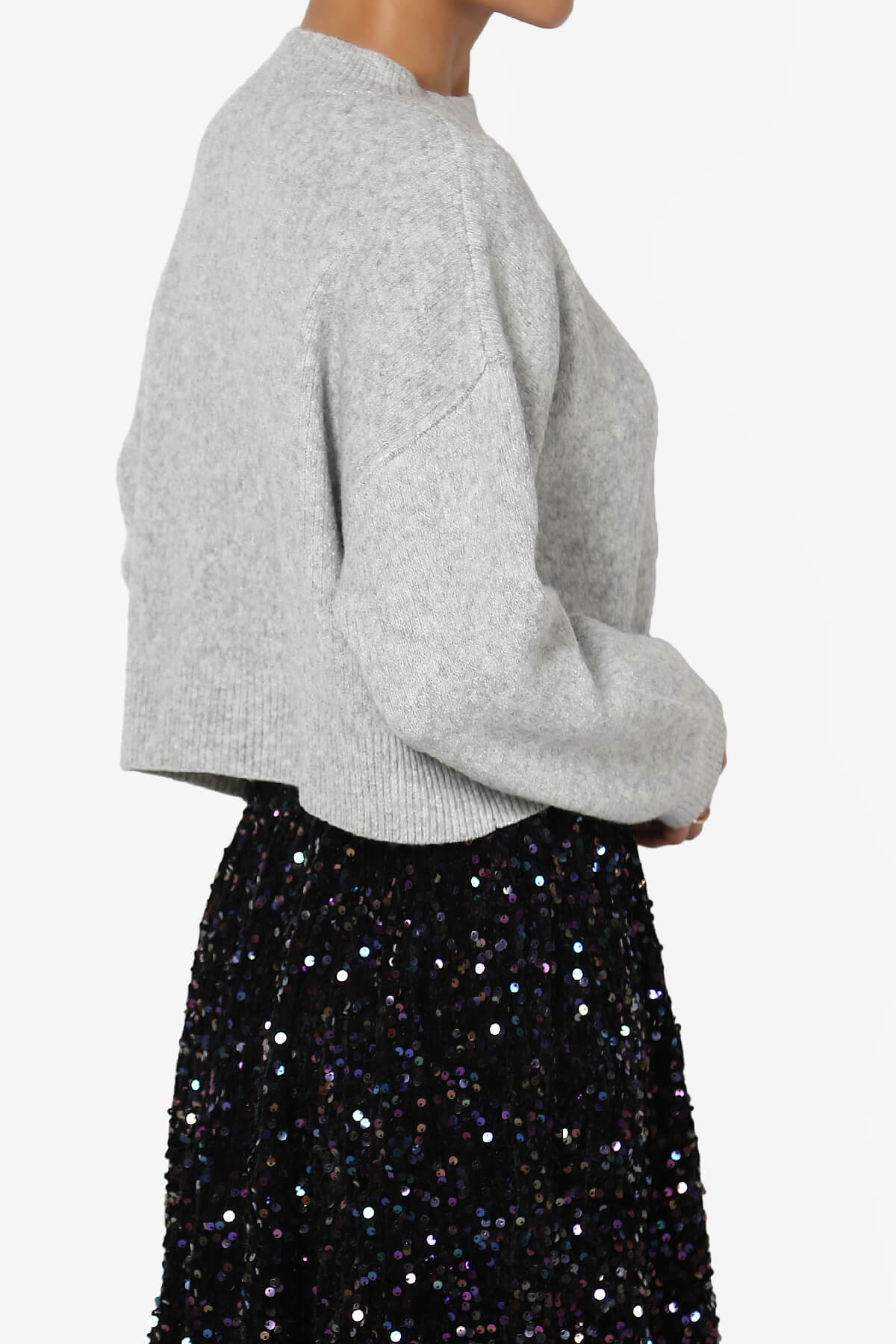 Bigmona Long Sleeve Crop Knit Sweater HEATHER GREY_4