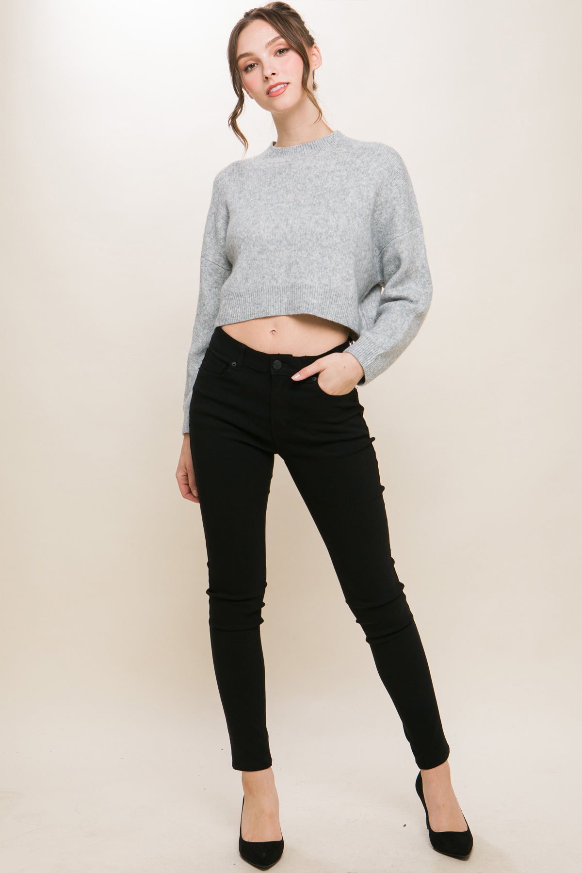 Bigmona Long Sleeve Crop Knit Sweater HEATHER GREY_6