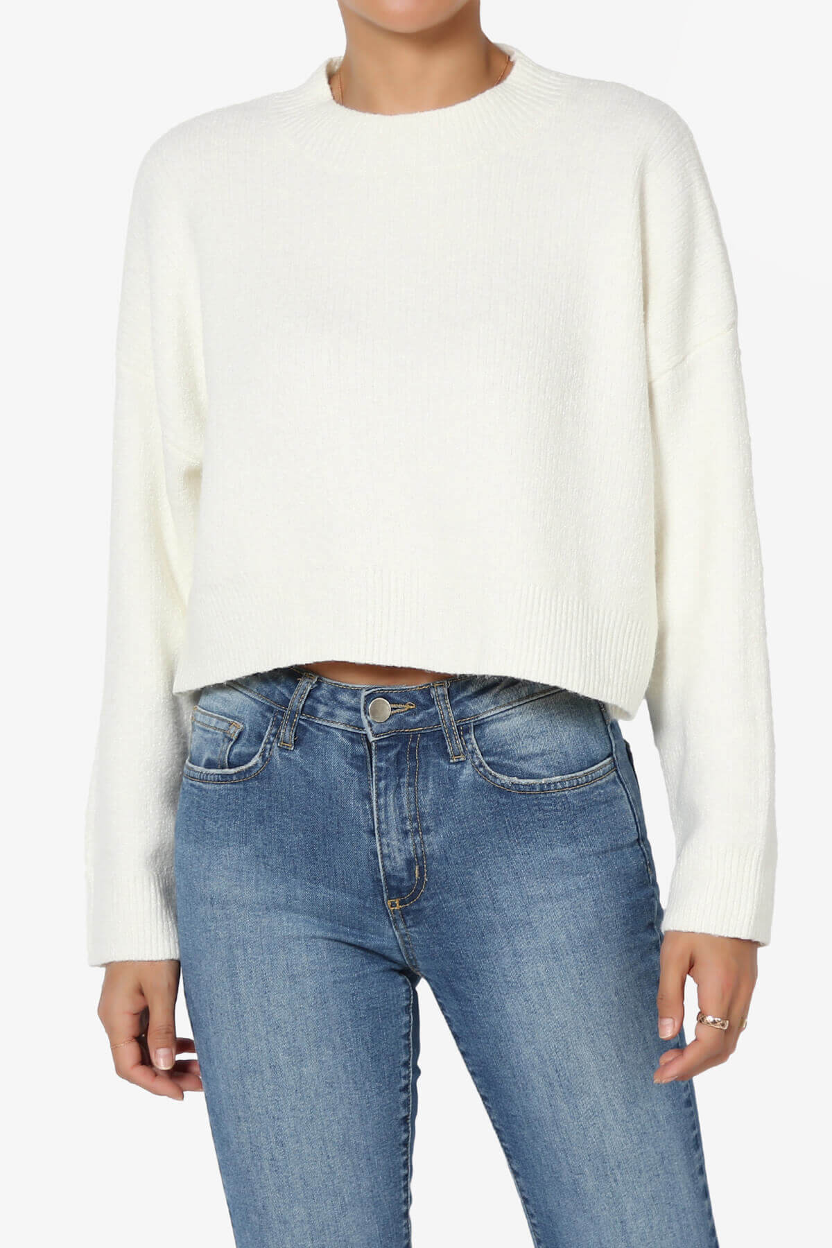 Bigmona Long Sleeve Crop Knit Sweater IVORY_1